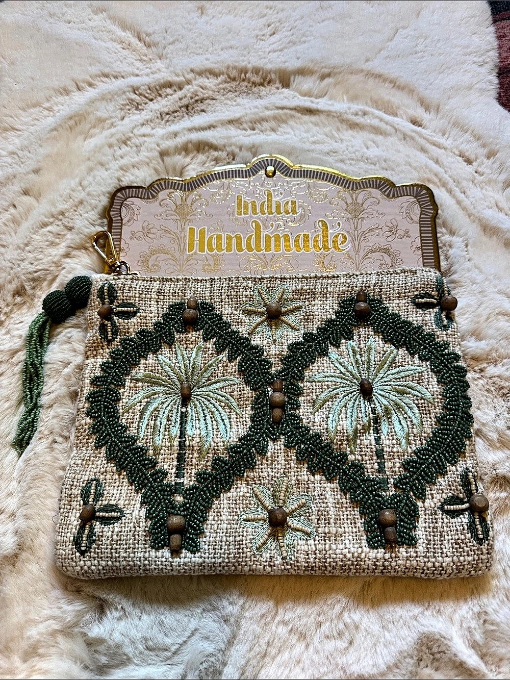 Viral Beaded Floral Wristlet in Green & Beige Made in India